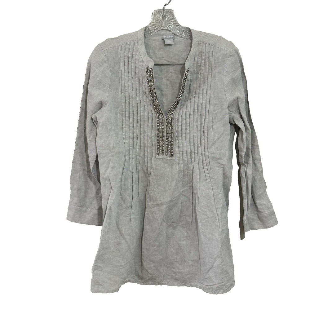 Chico's Gray Linen Cotton Pintuck Rhinestone Split Neck Tunic Blouse Size 0 4/6